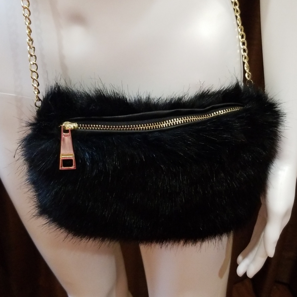 Faux fur black clutch with removable chain